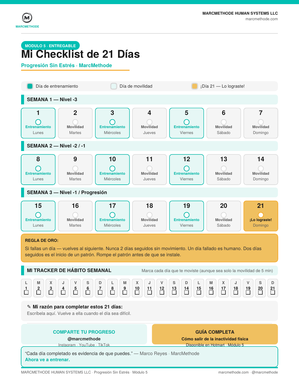 Página real: checklist de 21 días del curso